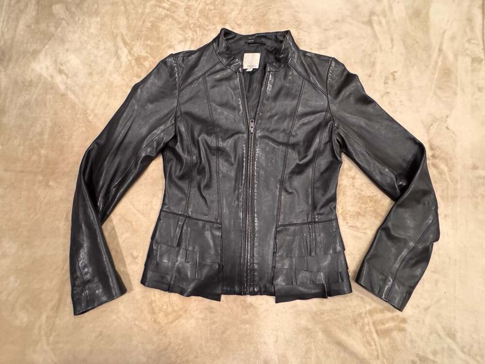 Halogen Black Leather Ruffle Hem Zip Moto Jacket Size XS Preowned